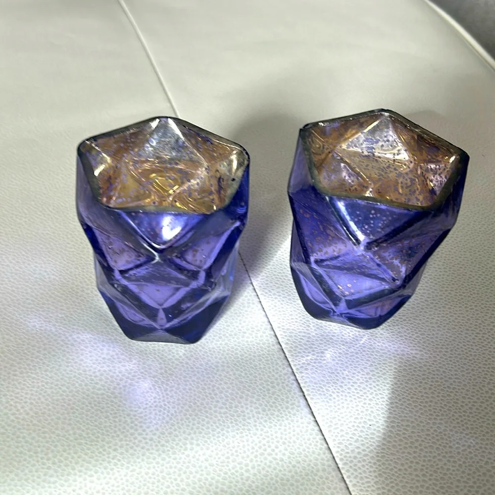 Mercury Glass Votive/Tea-light Candle Holders/2 Purple Gold Glam Decor